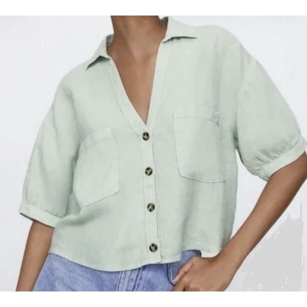 ZARA Womens Sz Small Light Green LINEN Oversized Boxy Breezy Fit Cropped Blouse